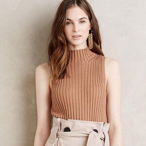 Anthropologie MOTH Tan Wool Blend Mockneck Wide Ribbed Knit Sleeveless Tank (L)